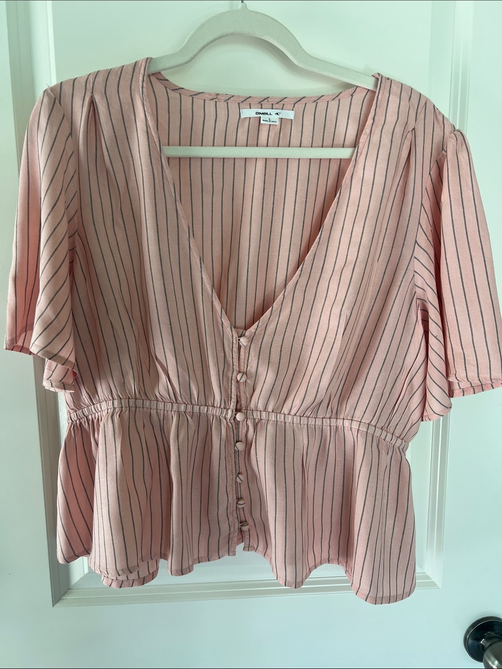 O'Neill Blush Pink Striped Peplum Button-Front Top
